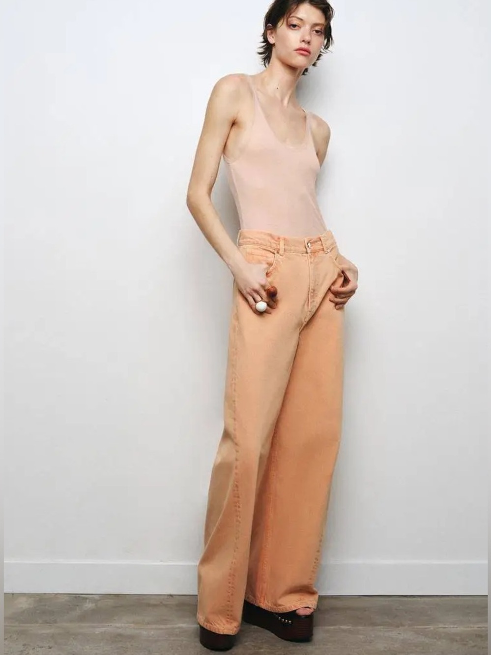 Zara Wide Leg Faded Peach Denim Pants